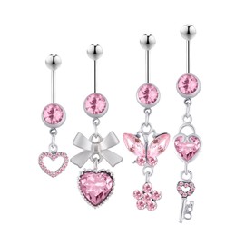 Taouzi 4pcs Cute Pink Heart Belly Rings, 316L Stainless Steel Belly Button Ring Pack with Heart Bow Butterfly Flower Elements, 14G, Style 2
