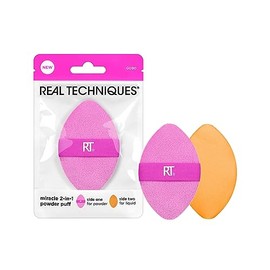 Real Techniques Soplo de polvo de doble cara, de tamaño completo, banda elástica reversible, esponja de maquillaje Miracle 2-in-1 Powder Puff