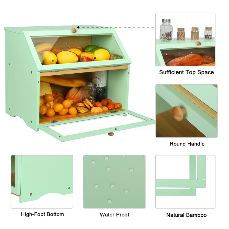 HOMEKOKO Double Layer Large Bread Box for Kitchen Counter, Wooden