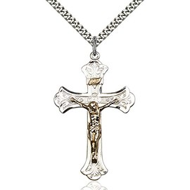 Two-Tone Sterling Silver & Gold-Filled Crucifix Pendant 1 3/4 x 1 1/8 inches with Heavy Curb Chain