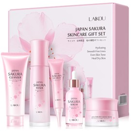 LAIKOU Sakura Face Care Set, 5 Pieces Skin Care Set Teenager Girls, Face Care Set Women's Moisturising with Cleanser Toner Eye Cream Serum Cream Skincare Set for Teenagers Girls Women