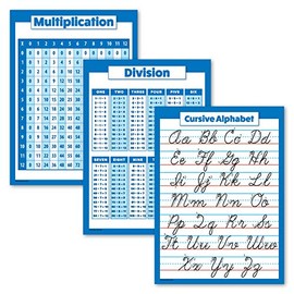 3 Pack - Multiplication Table Poster + Division + Cursive ABC Alphabet Chart (Laminated, 18" x 24")