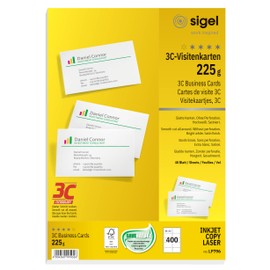 Sigel LP796 Business Cards 3C, smooth cut all around, 400 pcs.=40 sheets, 225 gsm, bright white, 8.5 x 5.5 cm