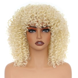 PORSMEER 14 Inch Kinky Curly Wigs for Black Women Afro Bomb Curly Wig with Bangs Synthetic Fiber Glueless Long Deep Wave Hair (Blonde)