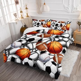 AILONEN Basketball Comforter Set Full Size, Sports Bedding Set Football Soccer Ball Print Comforter Set,Sport Basketball Bed in a Bag Duvet Set for Teen Boys, 1 Quilt and 2 Pillowcases, 3 Pieces