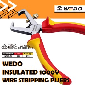 WEDO Insulated Wire Stripping Pliers 6", VDE 1000V Injection Pliers with Chrome Vanadium Steel Body and Dual Material Anti-Slip Handles, Jaw Hardness HRC58-63
