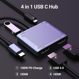 AHGEIIY USB C to Dual HDMI Adapter, 4-in-1 USB Type C Hub with 2 HDMI/USB3.0/PD Charging, Dual Screen Display USB-C Docking Station Dual HDMI Adapter for 2 Monitors Compatible with Thunderbolt 3