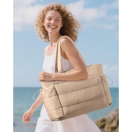 LOVEVOOK Tote Bag for Women with Giant Tumbler Holder Pocket, Puffer Work Travel Handbag with Zipper for Nurse Teacher, Quilted Cute Laptop Shoulder Purse with Compartments for Office Gym, Khaki