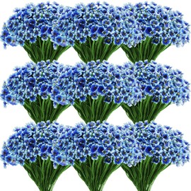 Zeyune 56 Bundles Artificial Flowers Fake UV Resistant for Outdoor Plastic Greenery Shrubs Plants No Fade Faux Flower for Garden Porch Patio Window Wedding Party Decor(Blue,Bright)
