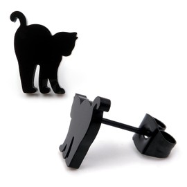 Steelmeup Pendientes de tuerca de acero inoxidable con diseño de gato negro negro