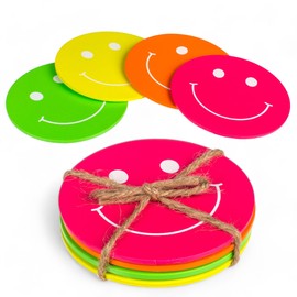 MIJOMA Set of 4 Smile Design Wooden Coasters - Neon Colours Non-Slip 9cm Diameter