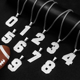 AMITER Football Necklace for Men, 0-99 Jersey Number Football Pendant Necklace with 22+2 in Chain - Stainless Steel Silver