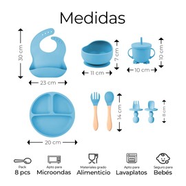 Raganet, Juego de Platos y Cubiertos para Bebé de Silicona, Set de 8 Piezas Libres de BPA, Babero, Plato, Tazon y Cubiertos, Seguros y Resistentes (Azul)