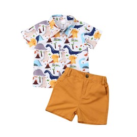 ESSECMBS Toddler Baby Boys Summer Cute Dinosaur Clothing Set 2 Pieces Short Sleeve Lapel Collar Button-Down Shirts Blouse Plain Shorts Boys Gentleman Clothing, yellow