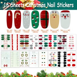 DANNEASY 224 Pieces 16 Sheets Christmas Nail Stickers Full Nail Wraps Nail Polish Strips Adhesive Nail Art Stickers for Women with Nail File, Cuticle Stick(Transparent Series)