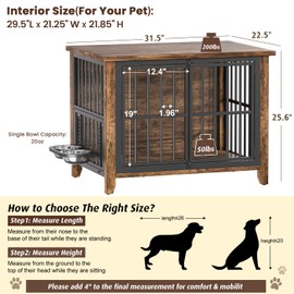 YaFiti 31.5" Dog Crate Furniture, Wooden Dog Kennel Indoor with 360° Rotating Feeder and 2 Adjustable Bowls, Decorative Side End Table Dog Cage for Medium and Small Dogs, Rustic Brown