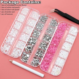 YAEISM 3 Boxes Nail Pearls and Flower Nail Charms Kits White Silver Half Round Pearls Nail Flower Charms Rhinestones with Pickup Pencil and Tweezer for Nail Art and Crafts DIY Decoration