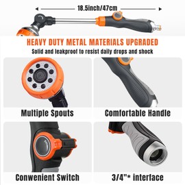 Metal Garden Hose Wand,15 Inch Adjustable Watering Wand with 8 Spray Patterns,180° Rotating Long Garden Hose Nozzle Sprayer with Thumb Flow Control for Plants, Lawn, Car Washing and Irrigation