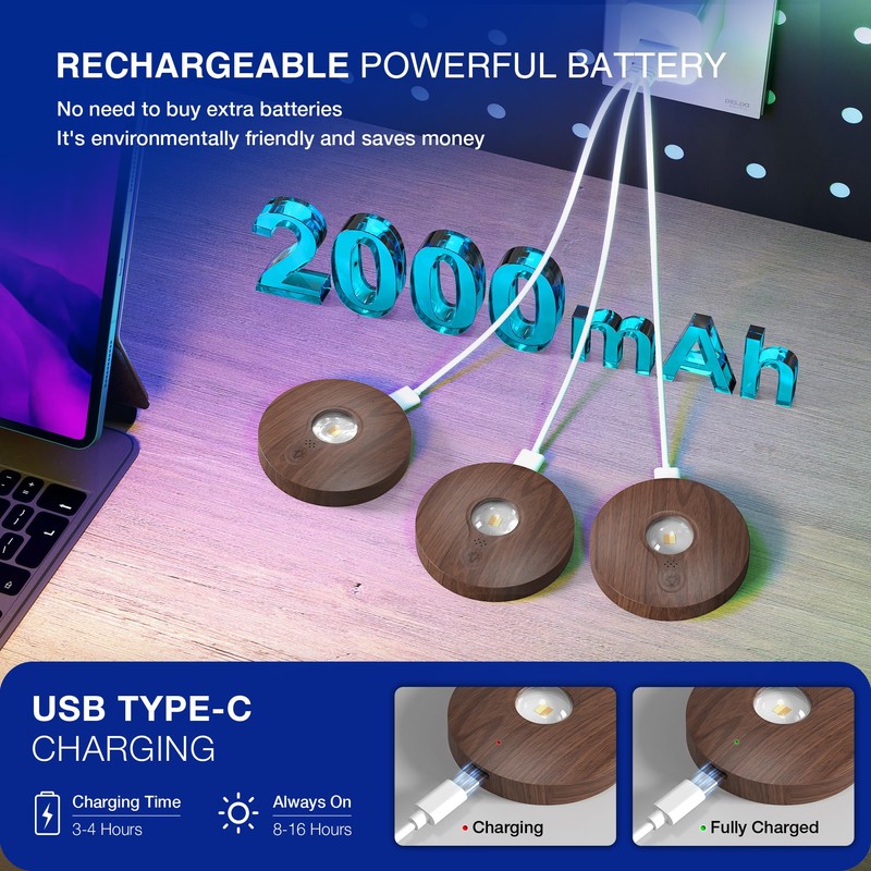 Rechargeable Puck Lights with Remote Control,2000mAh High Capacity Battery Operated