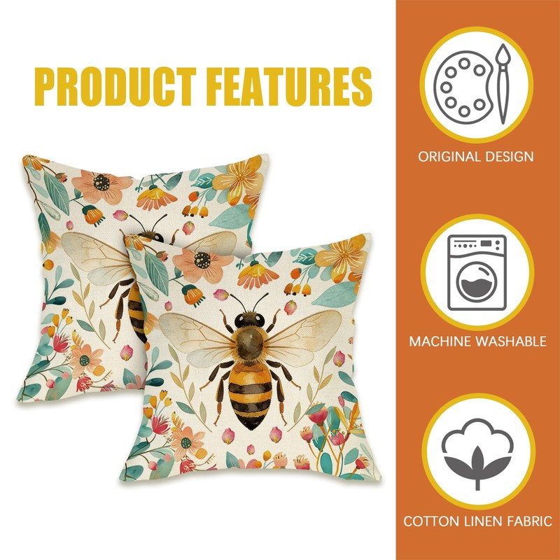 Bumble Bee Floral Decorative Throw Pillow Covers 18 x 18