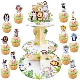 Umgozrz 3 Tiers Wild One Cupcake Stand with 24 Wild One Cupcake Toppers for Wild One Jungle Safari Baby Shower Birthday Decoration