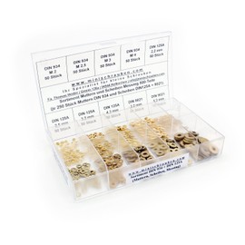 Assortment Box with 500 Pieces Small Washers and Nuts According to DIN 934, 125A and 9021 Made of Brass - Mini Screws Assortment with Labeled Box