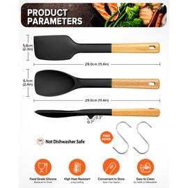Silicone Spatula and Spoonula Set, Great For Stirring, Tough Mixing and Folding, Sturdy Bpa-Free Matte Silicone, Wooden Handle Rubber Scraper For Nonstick Cookwares (Black)