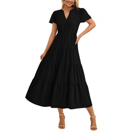 PRETTYGARDEN Women Summer Midi Dresses 2025 Casual Short Sleeve V Neck Belted Tiered Ruffle Vacation Dress with Pockets(Black,Medium)