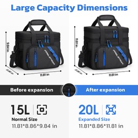 Maelstrom Lunch Box, 20L Insulated Lunch Bag for Men Women, Expandable Double Deck Leakproof Cooler Bag with 6 Pockets, Reusable Lunch Tote Bag for Work, Picnic, Travel, Black