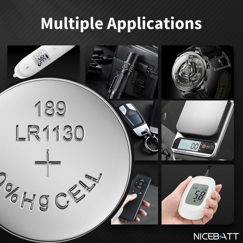 NICEBATT LR1130 AG10 Battery 24 Pack, 1.5V Long-Lasting 189 389