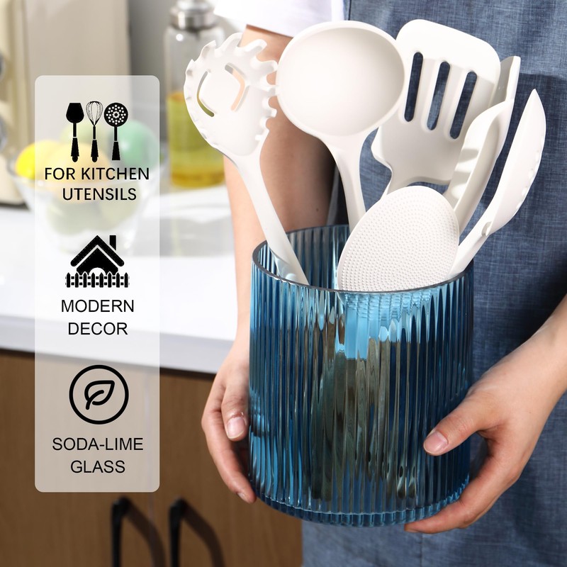 FERAHI Blue Utensil Holder, 6.3" Glass Kitchen Utensil Holder for