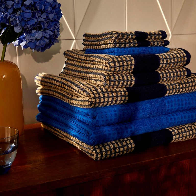 Juna Check Series Washcloth, Dark Blue/Sand, Height 12" Width: 12"