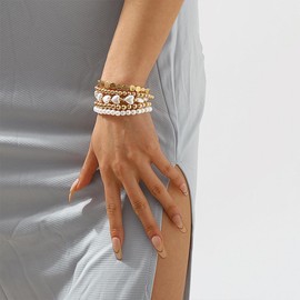 5Pcs Gold Pearl Beads Stacking Bracelets for Women,Dainty Bohemian Layered Geometric Stretch Bracelet Set,Fashion Holiday Prom Jewelry Gifts (Gold)