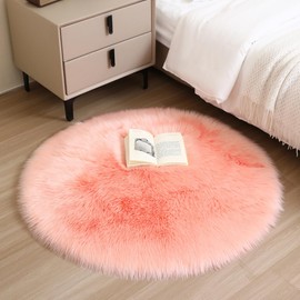 CKLASAY Faux Fur Rug Sheepskin Fuzzy Rug Super Soft Fluffy Plush Area Rug Bedroom Floor Children's Room Sofa Cushion Living Room Bedside Rugs (Pink 3×3 ft Rotund)