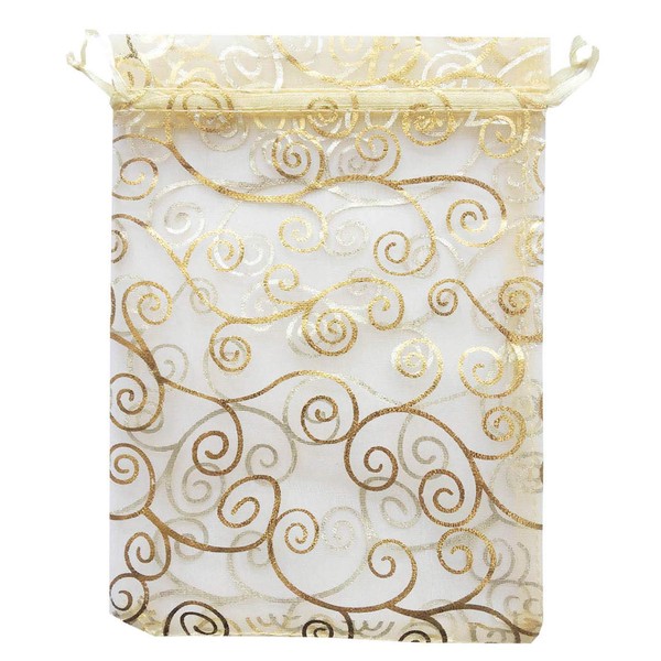 100 Pcs 5x7 inch Gift Wrap Bags Gold Rattan, Organza Sheer Clear Tulle Fabric, Drawstring Mesh Bags for Baby Shower Favor, Jewelry, Birthday Party Favor,Sachet,Christmas Favour,Craft Business,Jewelery