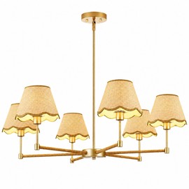 Rattan Chandelier for Dining Room, 6-Light Boho Coastal Chandelier Light Fixture with Woven-Look Scalloped Shades, Brushed Gold Pendant Lighting for Kitchen Island, Living Room, Bedroom