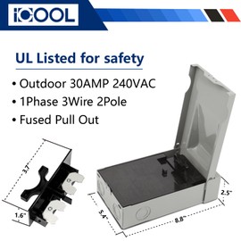 ICOOL 30 Amp Fused Disconnect Switch, Rainproof Pull Out Disconnect 30A 2 Pole 3 Wire 1 Phase 240 VAC UL Listed, AC Disconnect Metal Box for Air Conditioning and HVAC Systems, No Included Fuse