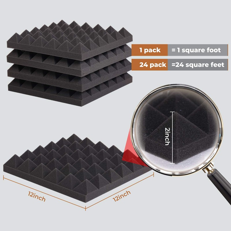 24 Pack-12 x 12 x 2 Inches Pyramid Designed Acoustic