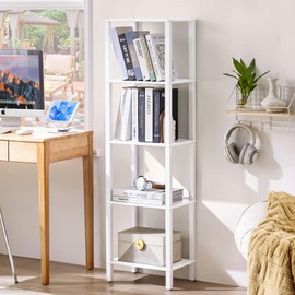 YUFAM 54in Tall Bookshelf 5-Tier Small Narrow Bookcase, Skinny Book Shelf for Small Space, Farmhouse Slim Shelf with Storage, Wood Freestanding Display Thin Bookshelves for Living Room, Office, White