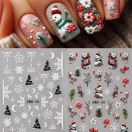 Christmas Nail Stickers for Nail Art Snowman Nail Decals 5D Embossed Self-Adhesive Christmas Nail Art Stickers Tree Snowflakes Flower Designs Supplies Winter Stickers for Women Nail Decorations 2PCS