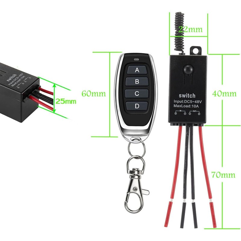 Mini Wireless Switch 12V,3 Way Mini Remote Switch DC 5V/12V/24V/48/10A