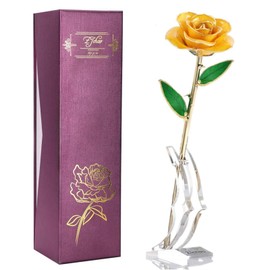 ZJchao 24K Yellow Rose for Her, Dipped Gold Rose Eternity Love Real Golden Plated Preserved Eternal Flower with Rose Stand Present for Wife/Girlfriend/Friend(Yellow)