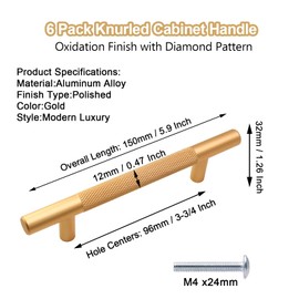 Cjueiom 6 Pack Gold Cupboard Handles 96mm Hole Center T Bar Handles, Knurled Drawer Handles Long Wardrobe Door Handles Pulls with Diamond Pattern, Kitchen Cabinet Handles for Bedroom Drawer