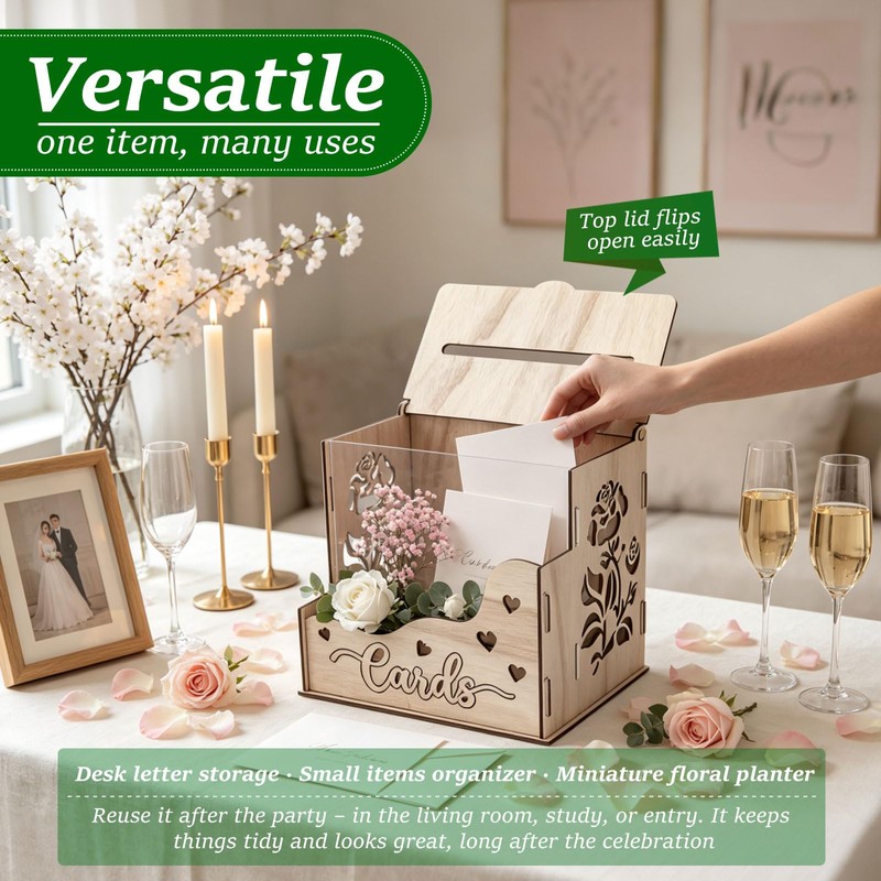 MRSUPP Wooden Wedding Card Box, Hollow Acrylic Window, 24x20x24cm