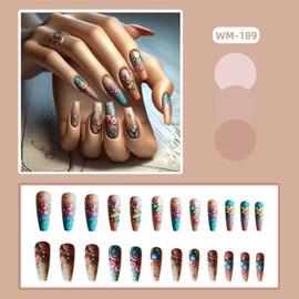 Bohemia Press on Nails Long Ballet Fake Nails Flower Stick on Nails Gradient Glue on Nails Matte Acrylic False Nails Full Cover Artificial Nails Brown Nails Reusable Nails Kit for Women Girls 24Pcs