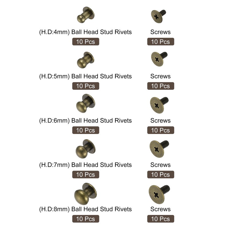 uxcell 4/5/6/7/8mm Ball Head Stud Rivets Screw Back, 50Pack Round