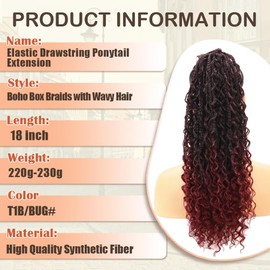 Lovenea Coleta Con Cordón Para Mujer, Trenzas Bohemias De 45 Cm Con Cabello Largo Ondulado, Extensión De Cola De Caballo Con Clip, Extensiones De Cabello Sintético Para Uso Diario (T1B/Bug#, 45 Cm)
