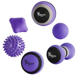 Posture Magic Kit de bolas de masaje para liberación de puntos de activación miofascial y masaje de tejidos profundos, juego de 6, espuma grande, espuma pequeña, lacrosse, maní, pinchos, bola de ejercicio de manos (morado)