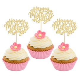 24 piezas de decoración para magdalenas para el día de la madre, diseño de flores con purpurina, decoración de tartas para cupcakes, para el día de la madre, suministros de fiesta de cumpleaños de madre, color dorado