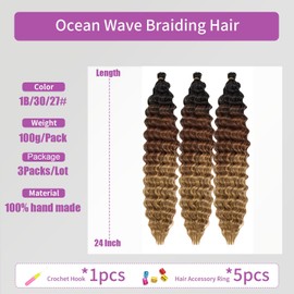 Ocean Wave Crochet Hair 24Inch 3Packs Deep Wave Braiding Hair Curl Crochet Braiding Hair Extension Ocean Wave Braids Hair for women (1B/30/27#, 24Inch)